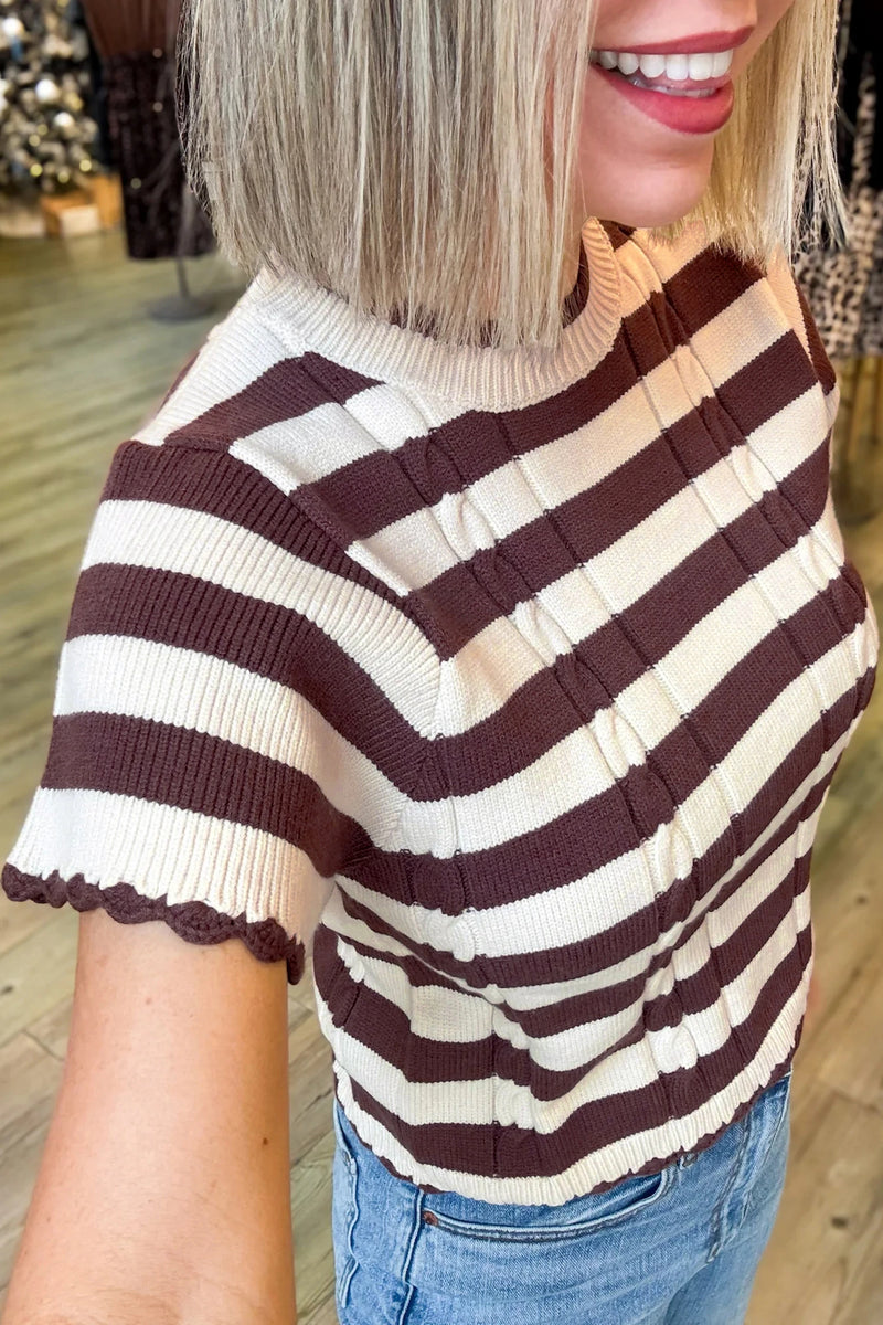 Load image into Gallery viewer, DLLS1151 - Ladies Brown Stripe Ribbed Knit Cable Detail Short Sleeve Sweater
