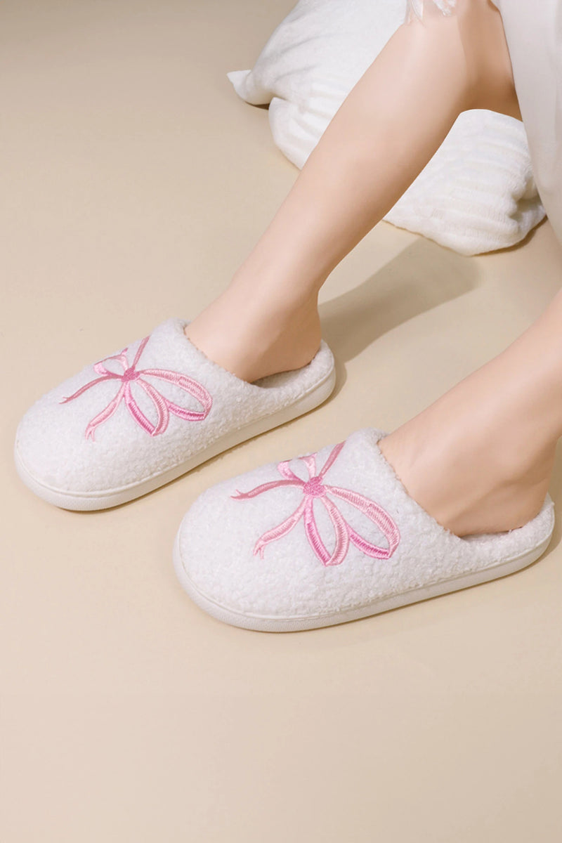 Load image into Gallery viewer, DLLSHOE 182 - White Soft Plush Embroidered Bow Detail Winter Slippers
