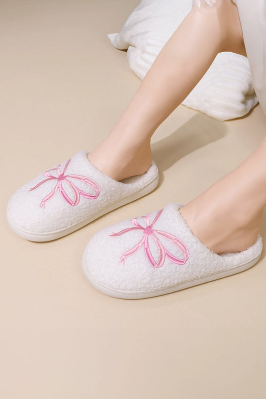 DLLSHOE 182 - White Soft Plush Embroidered Bow Detail Winter Slippers