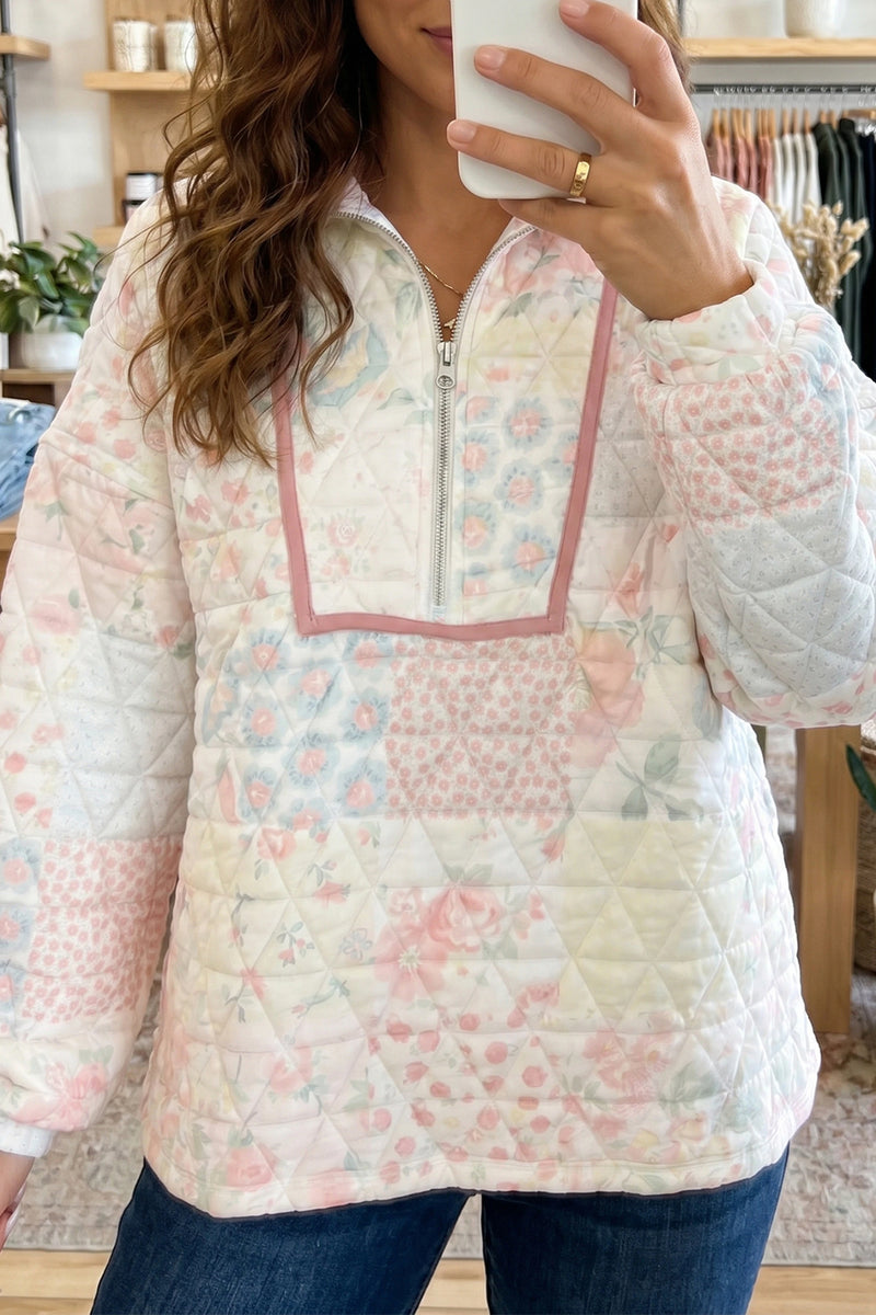 Load image into Gallery viewer, DLLS860 - Ladies Multicolour Floral Quilted Metal Zipper Collar Long Sleeve Sweatshirt
