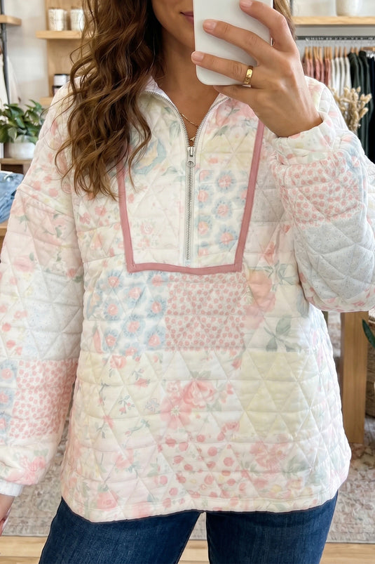 DLLS860 - Ladies Multicolour Floral Quilted Metal Zipper Collar Long Sleeve Sweatshirt