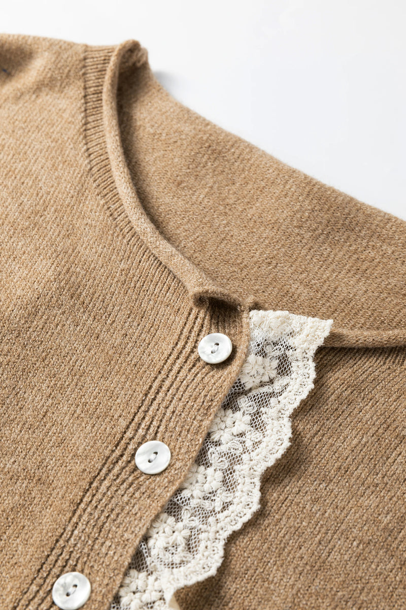 Load image into Gallery viewer, DLLS413 - Ladies Simply Taupe Contrast Frilled Lace Trim Loose Cardigan Sweater
