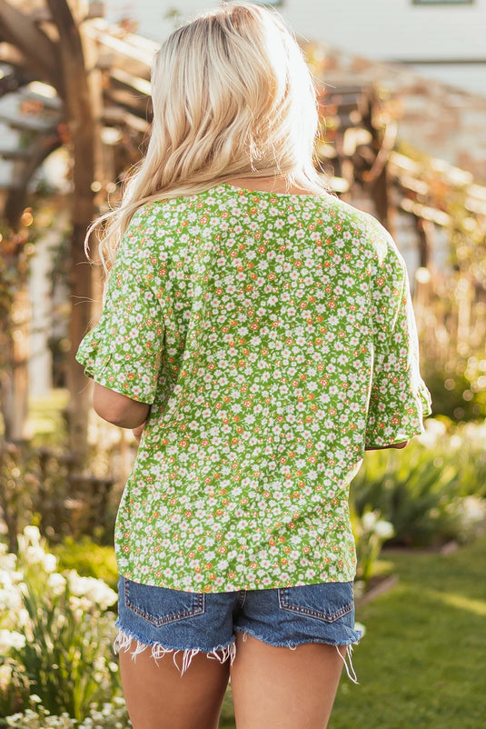 DLLS562 - Ladies Green Floral Print Ruffle Sleeve V Neck Blouse Top