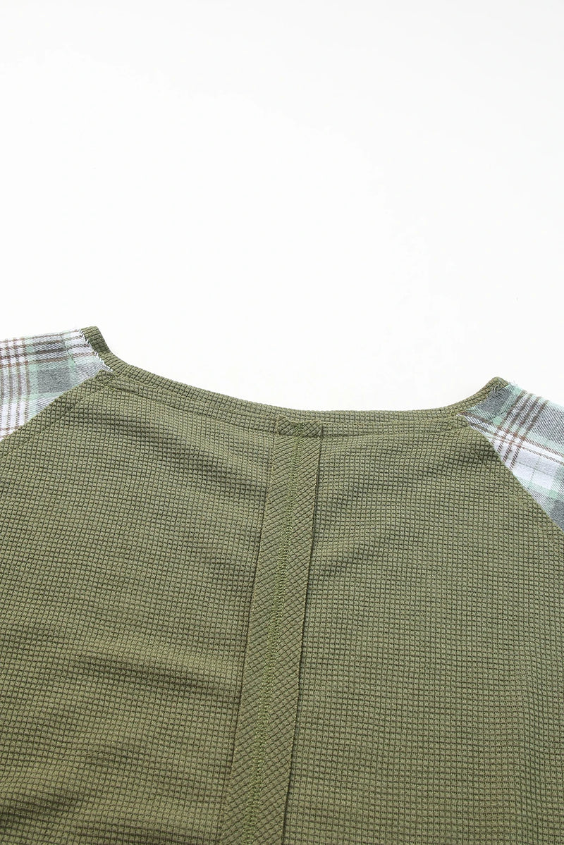 Load image into Gallery viewer, DLLS1145 - Ladies Green Plaid Patch Waffle Knit Exposed Seam Bubble Sleeve Top
