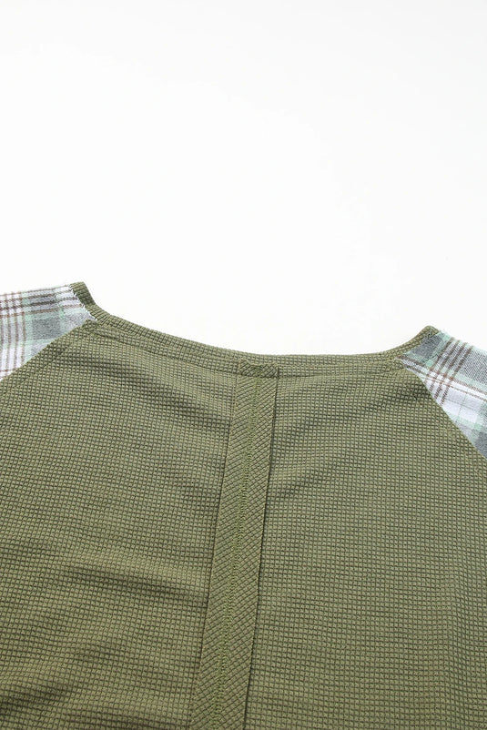 DLLS1145 - Ladies Green Plaid Patch Waffle Knit Exposed Seam Bubble Sleeve Top
