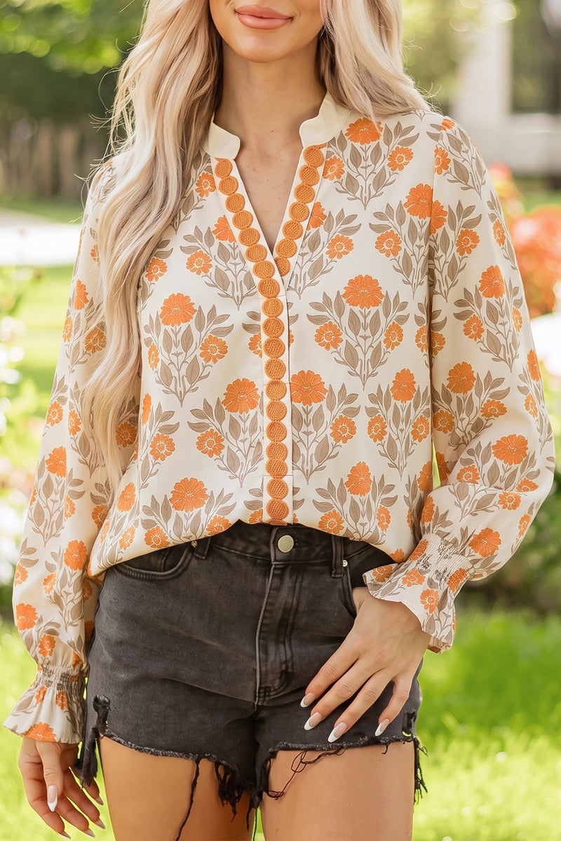 Load image into Gallery viewer, DLLS869 - Ladies Orange Floral Print V Neck Long Sleeve Top
