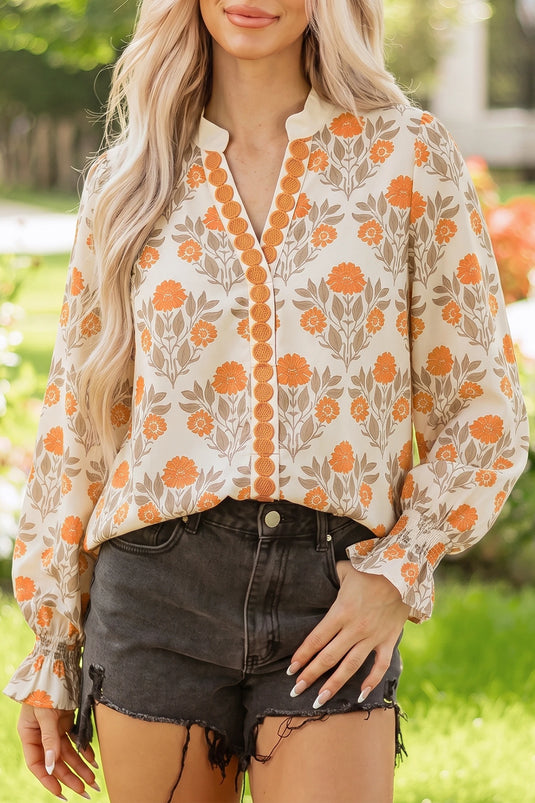 DLLS869 - Ladies Orange Floral Print V Neck Long Sleeve Top