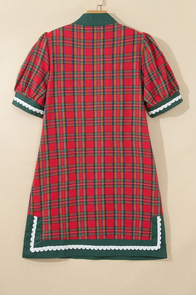 Load image into Gallery viewer, DLLS810 - Ladies Red Plaid Mini Shift Style Short Sleeve Dress
