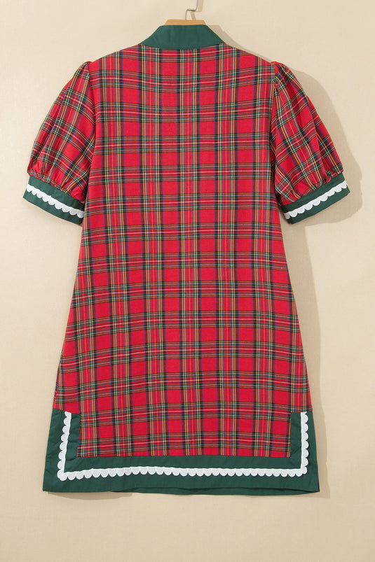 DLLS810 - Ladies Red Plaid Mini Shift Style Short Sleeve Dress