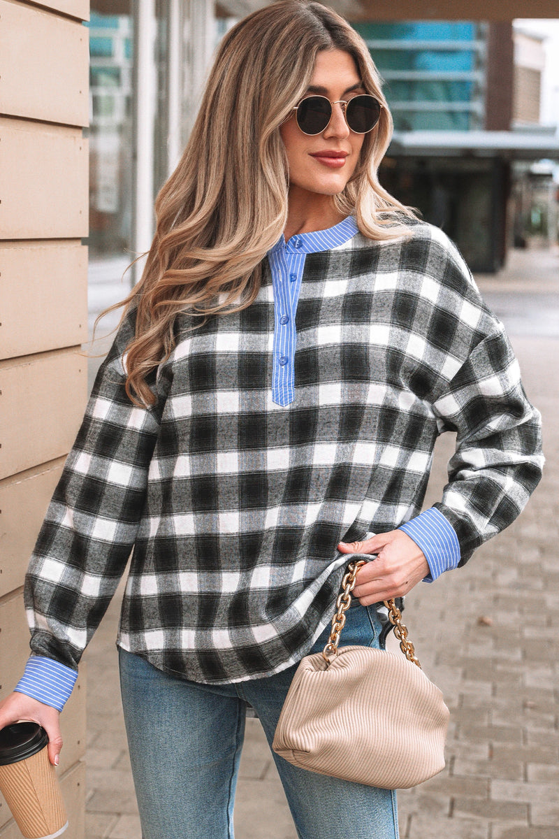 Load image into Gallery viewer, DLLS297 - Ladies Black Contrast Striped Edge Half Placket Plaid Blouse
