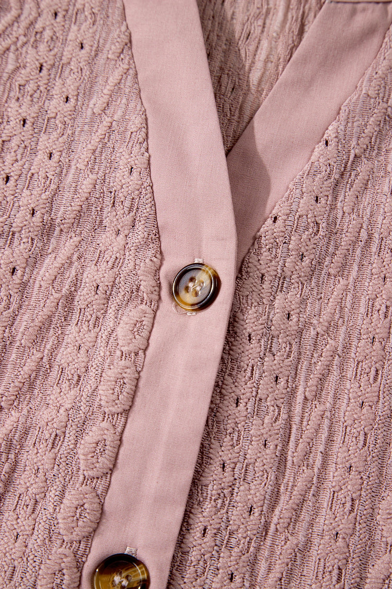 Load image into Gallery viewer, DLLS342 - Ladies Fushia Textured Embroidered Half Buttons Short Sleeve Blouse
