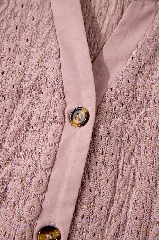 DLLS342 - Ladies Fushia Textured Embroidered Half Buttons Short Sleeve Blouse