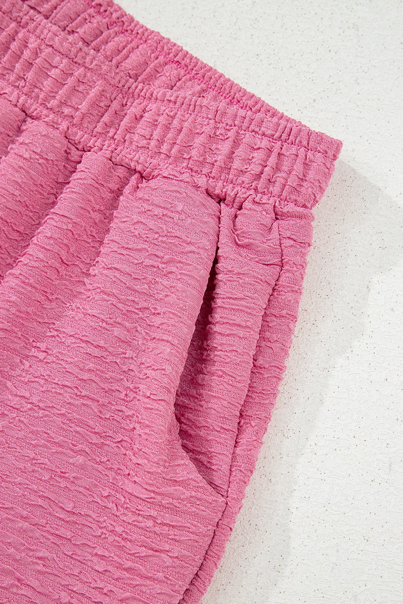 Load image into Gallery viewer, DLLS423 - Ladies Pink Textured V Neck T Shirt and Shorts Set
