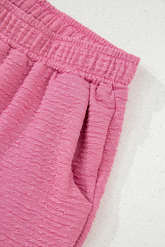 DLLS423 - Ladies Pink Textured V Neck T Shirt and Shorts Set