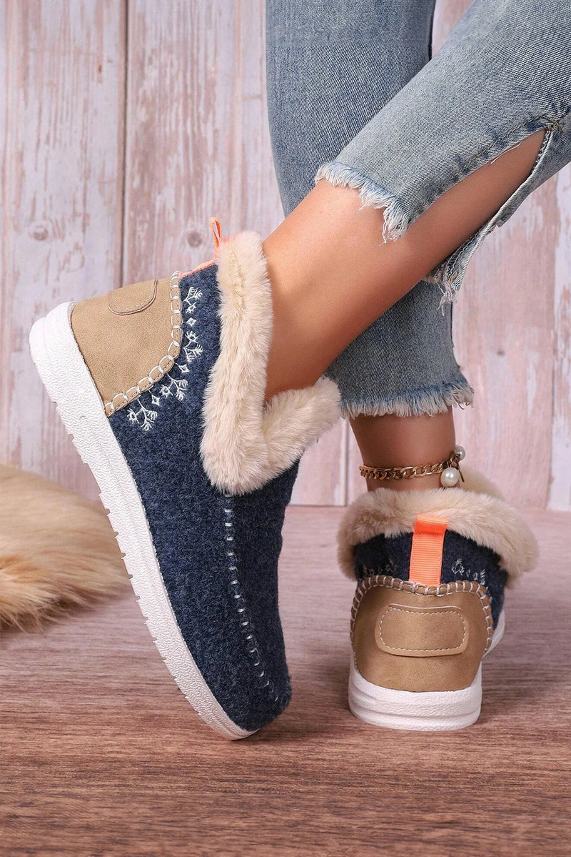 Load image into Gallery viewer, DLLSHOE 123 - Blue Suede Stitching Patchwork Plush Lined Anklet Boots

