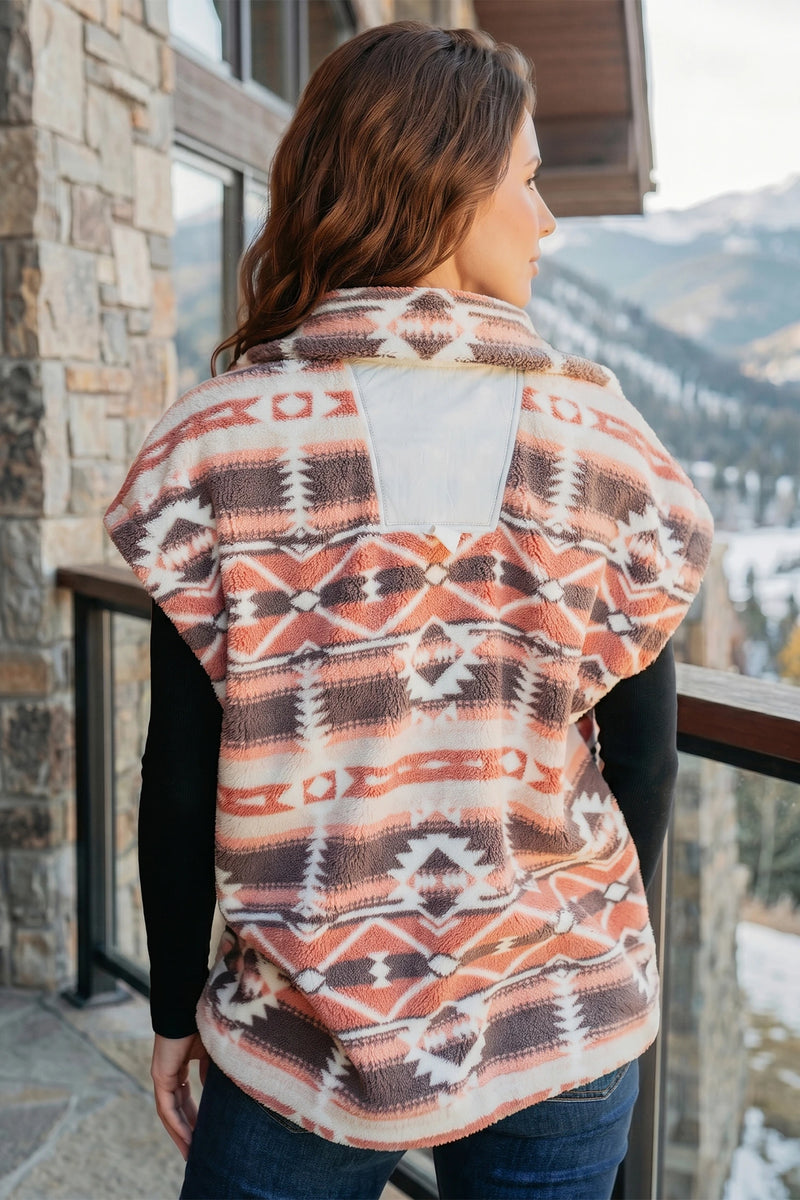Load image into Gallery viewer, DLLS855 - Ladies Multicolour Geometric Print Fleece Button Placket Shift Silhouette Vest
