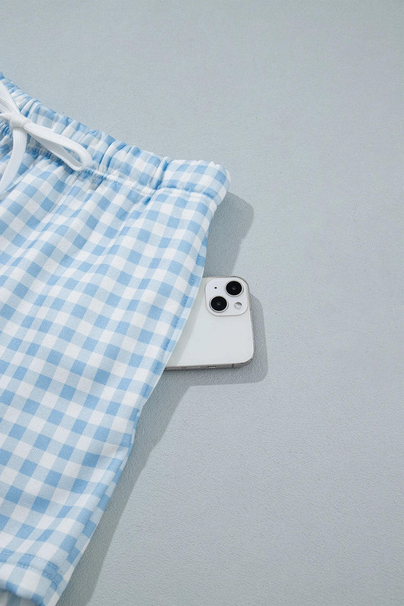 Load image into Gallery viewer, DLLS1081 - Ladies Sky Blue Plaid Baggy Pullover Drawstring Casual Shorts 2pcs Outfit
