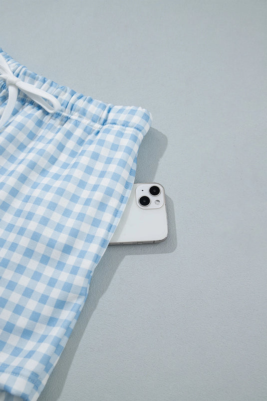 DLLS1081 - Ladies Sky Blue Plaid Baggy Pullover Drawstring Casual Shorts 2pcs Outfit
