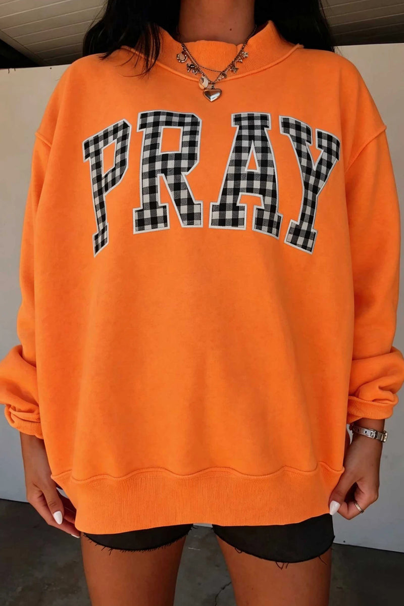 Load image into Gallery viewer, DLLS981 - Ladies Orange PRAY Polka Dot Embroidered Mock Neck Sweatshirt
