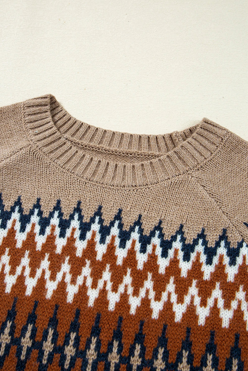 Load image into Gallery viewer, DLLS138 - Ladies Khaki Aztec Print Colorblock Crew Neck Sweater
