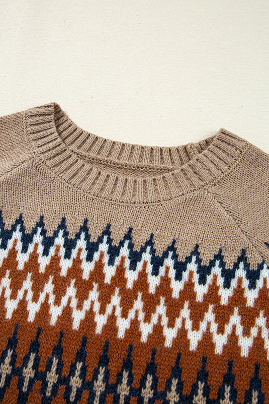 DLLS138 - Ladies Khaki Aztec Print Colorblock Crew Neck Sweater