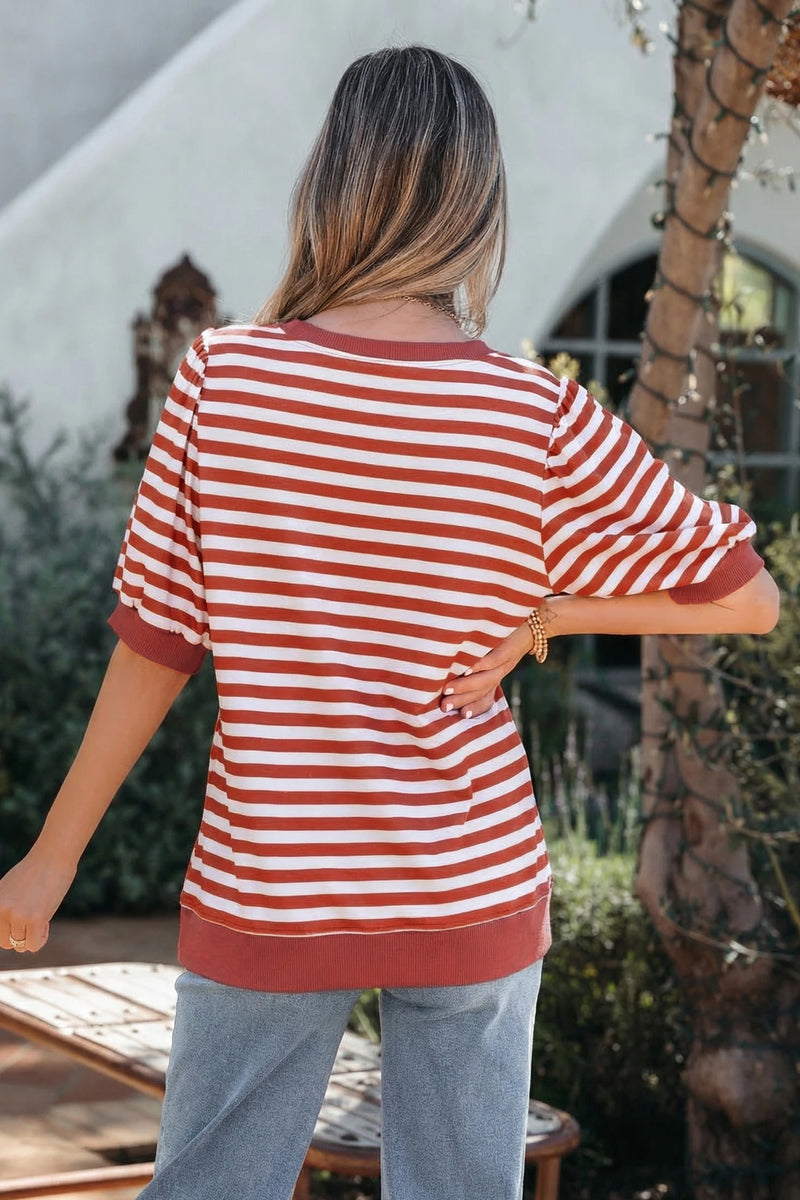 Load image into Gallery viewer, DLLS937 - Ladies Orange Stripe Short Bubble Sleeve T Shirt
