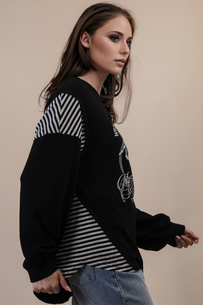 Load image into Gallery viewer, Very 12 - Ladies Oversized Mixed Media Western Graphic Knit Top
