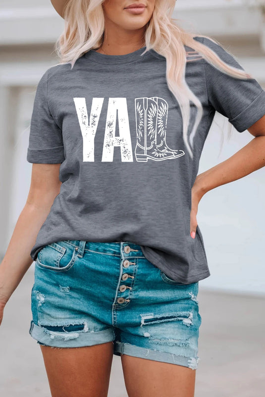 DLLS752 - Ladies Gray YALL Western Boots Printed Tee