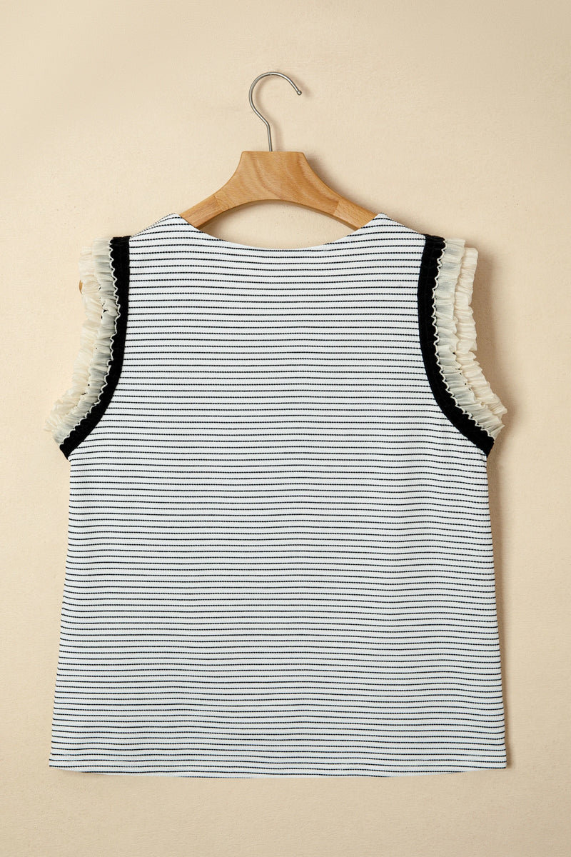 Load image into Gallery viewer, DLLS476 - Ladies Black Stripe Contrasted Ruffle Trim Casual Tank Top
