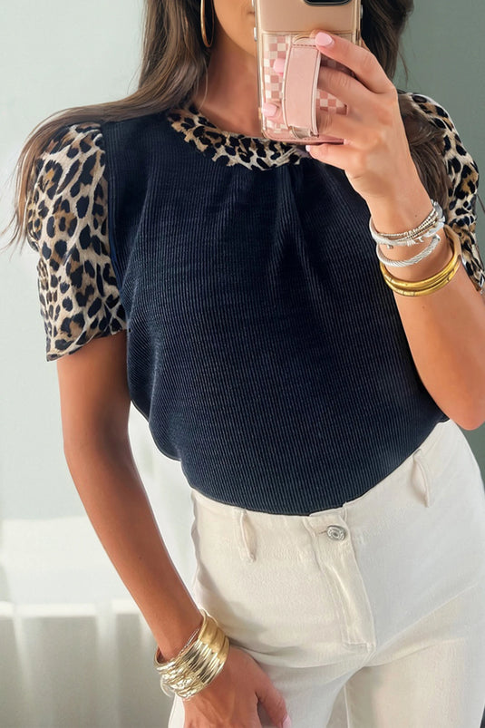 DLLS341 - Ladies Navy Blue Ribbed Contrast Leopard Patchwork Short Sleeve Top