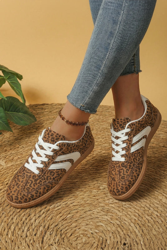 DLLSHOE 7 - Coffee PU Leather Detail Shimmer Leopard Printed Lace-up Sneakers