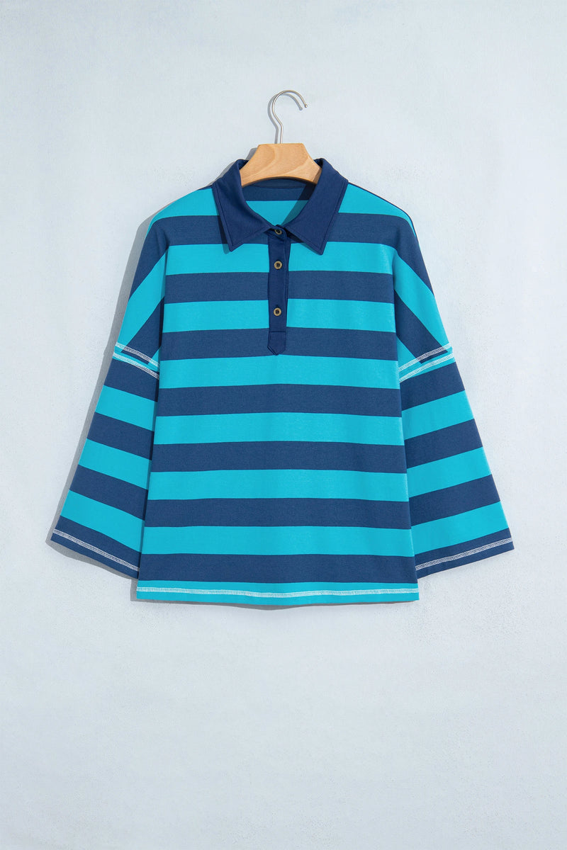 Load image into Gallery viewer, DLLS1152 - Ladies Blue Stripe Contrast Polo Collar Bracelet Sleeve Loose Top
