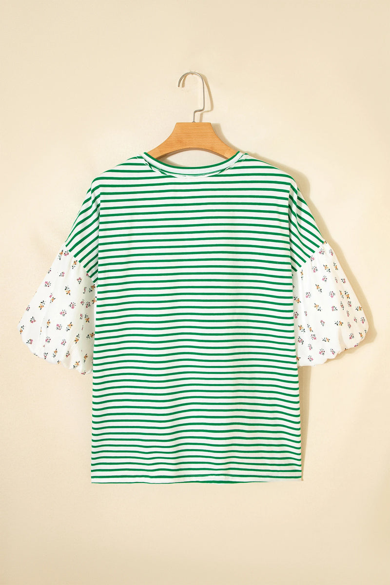Load image into Gallery viewer, DLLS507 - Ladies Green Stripe Floral Puff Sleeve Patchwork Round Neck Loose Top
