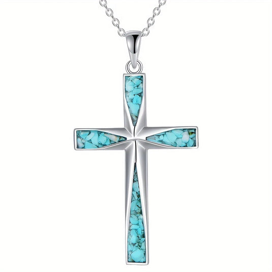 TMNK11 - Stainless Steel Turquoise Inlay Cross Necklace