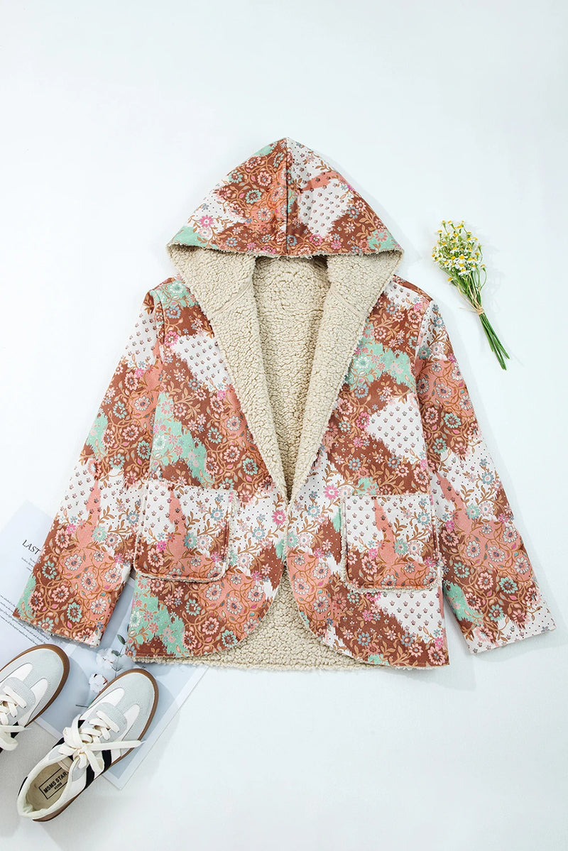 Load image into Gallery viewer, DLLS166 - Ladies Khaki Vintage Floral Printed Sherpa Lined Hooded Jacket
