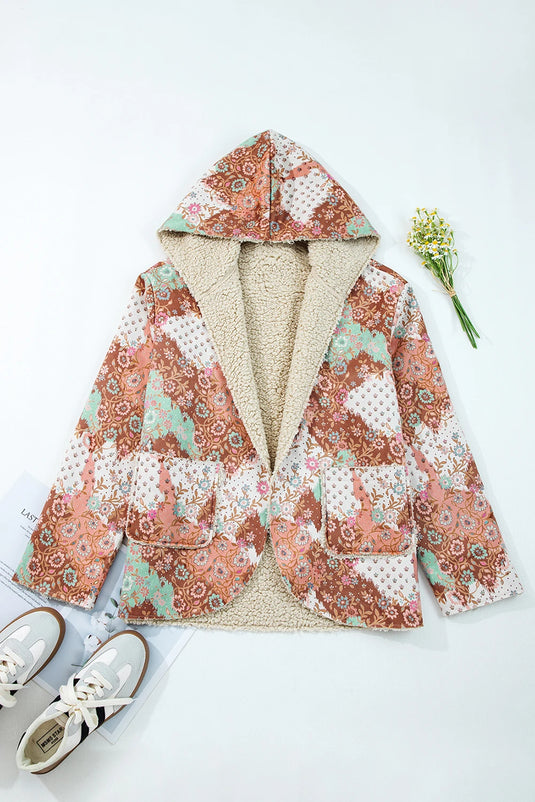 DLLS166 - Ladies Khaki Vintage Floral Printed Sherpa Lined Hooded Jacket