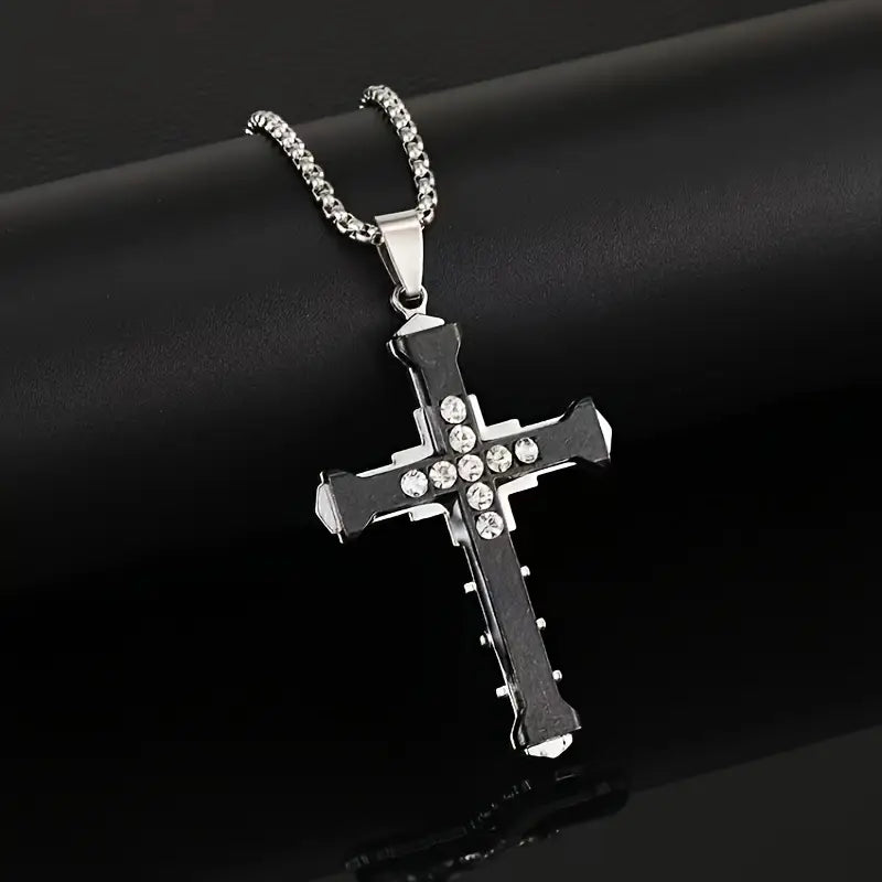 Load image into Gallery viewer, TMNK6 - Men&#39;s Steel Cross Necklace w/Zirconia Stones

