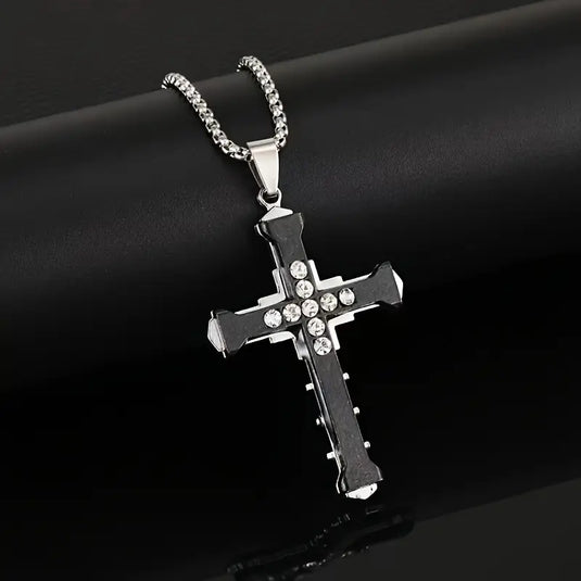 TMNK6 - Men's Steel Cross Necklace w/Zirconia Stones