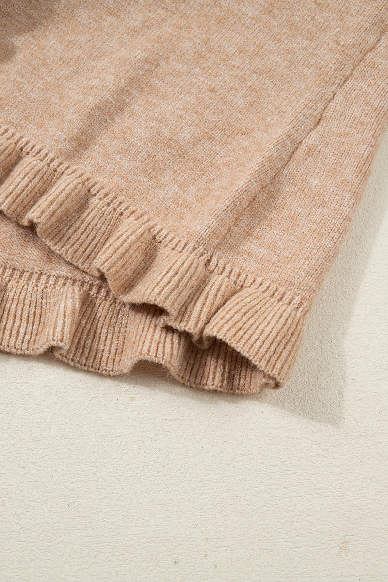 Load image into Gallery viewer, DLLS403 - Ladies Oatmeal Ruffle Trim Gold Button Sweater Cardigan
