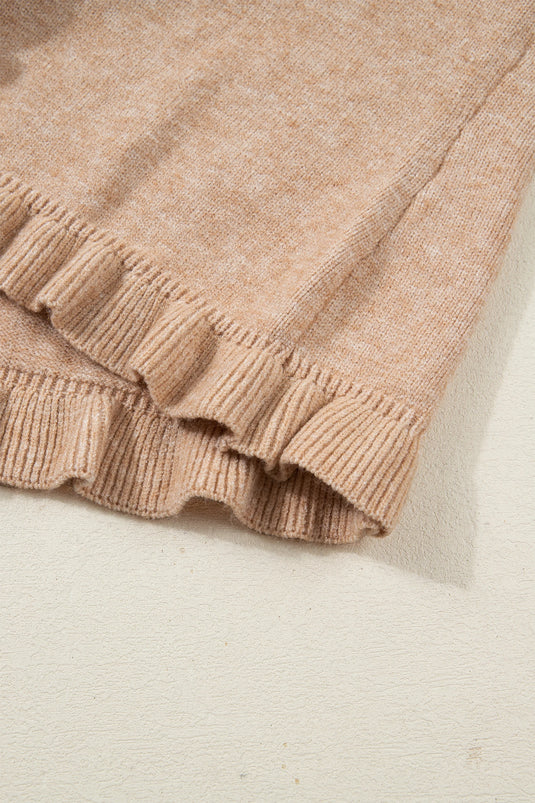 DLLS403 - Ladies Oatmeal Ruffle Trim Gold Button Sweater Cardigan