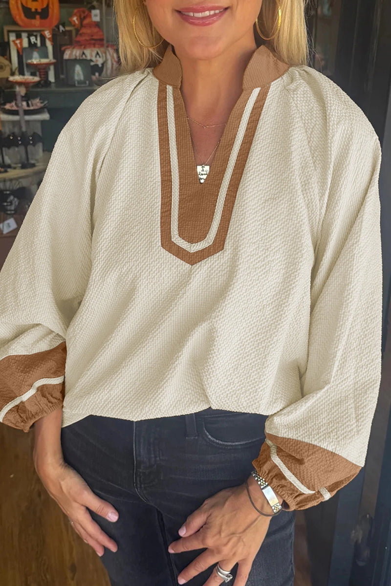 Load image into Gallery viewer, DLLS288 - Ladies Jet Stream Color Block V Neck Textured Long Sleeve Blouse
