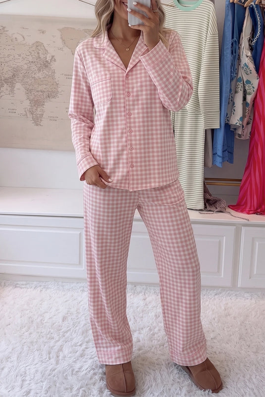 DLLS1111 - Ladies Pink Gingham Long Sleeve Lapel Shirt 2pcs Pajama Pant Set