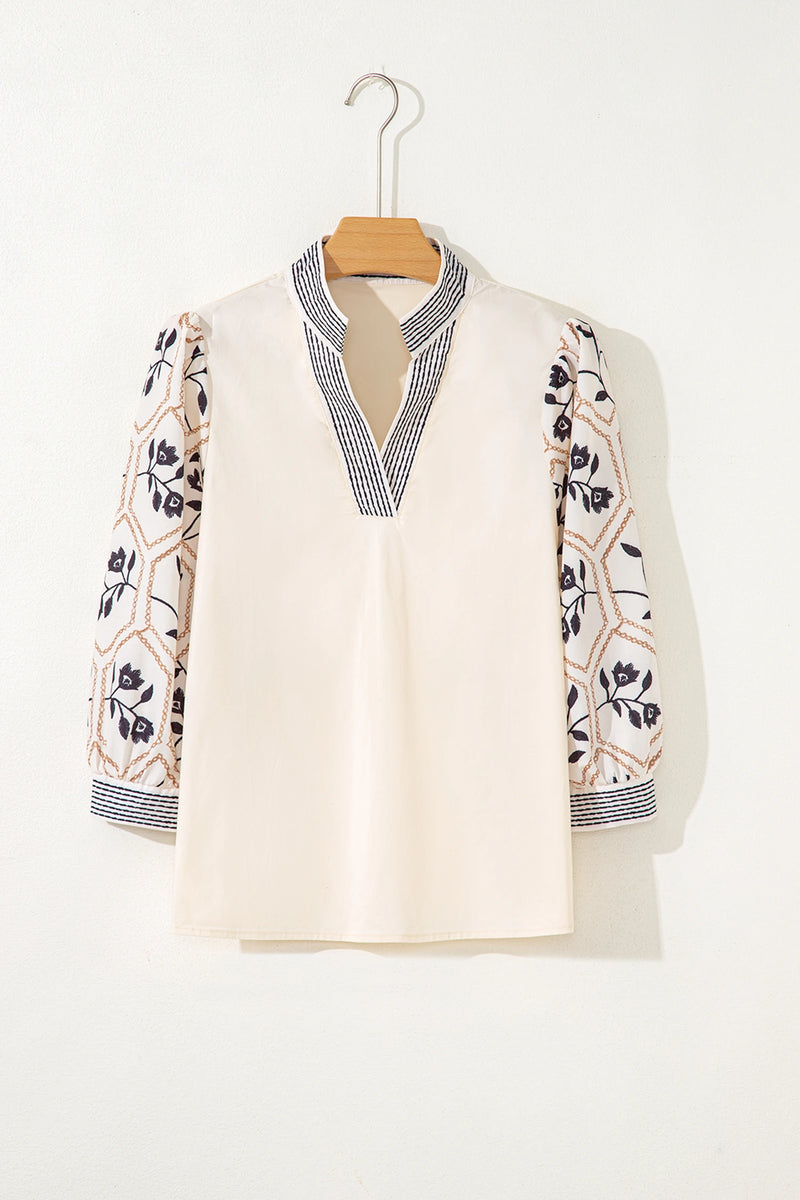 Load image into Gallery viewer, DLLS372- Ladies White Floral Puff Sleeve Contrast V Neck Patchwork Blouse
