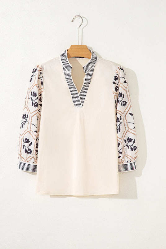 DLLS372- Ladies White Floral Puff Sleeve Contrast V Neck Patchwork Blouse