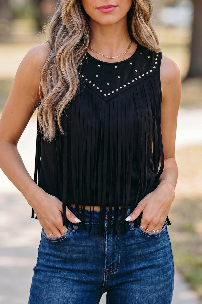 Load image into Gallery viewer, DLLS671 - Ladies Black Button Keyhole Stud Tassel Detail Sleeveless Top
