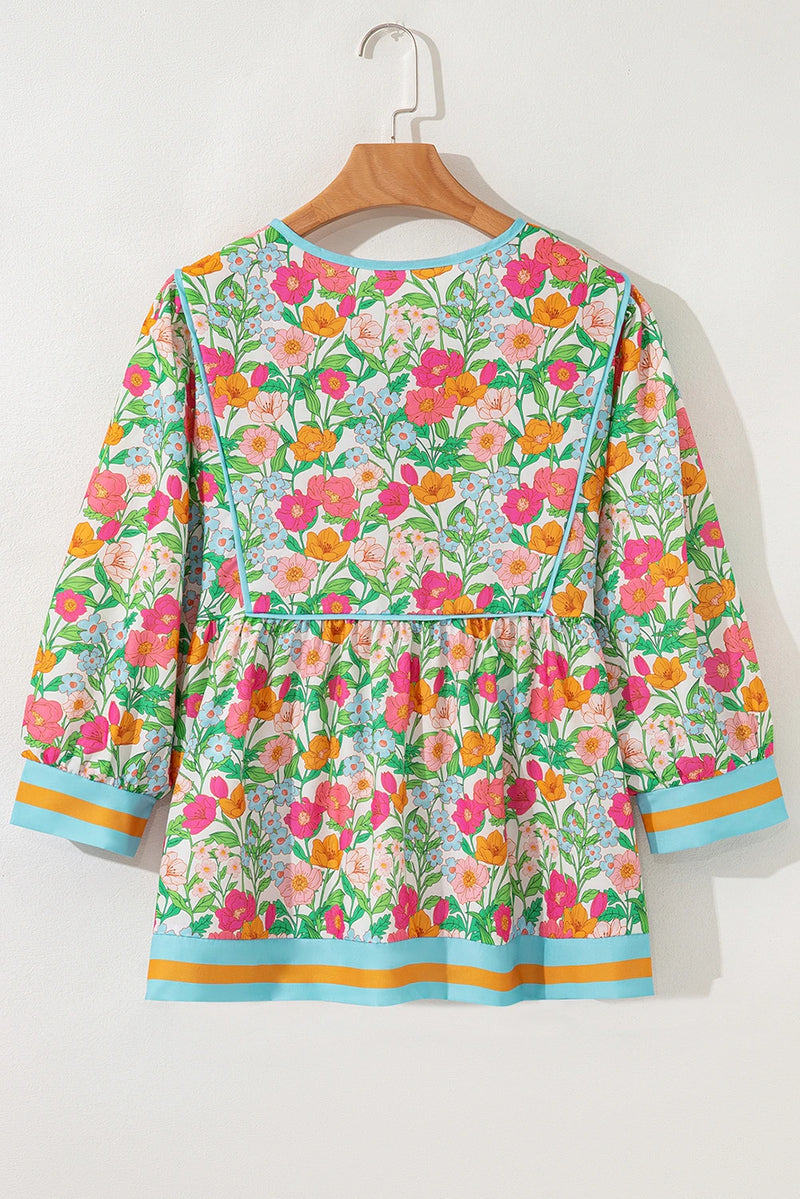 Load image into Gallery viewer, DLLS325 - Ladies Green Floral Print Striped Trim Tie Neck Puff Sleeve Babydoll Blouse
