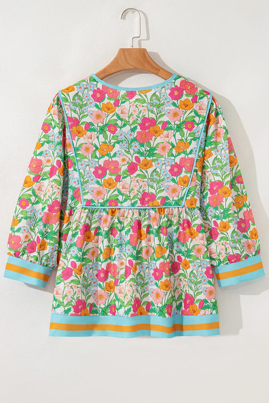 DLLS325 - Ladies Green Floral Print Striped Trim Tie Neck Puff Sleeve Babydoll Blouse