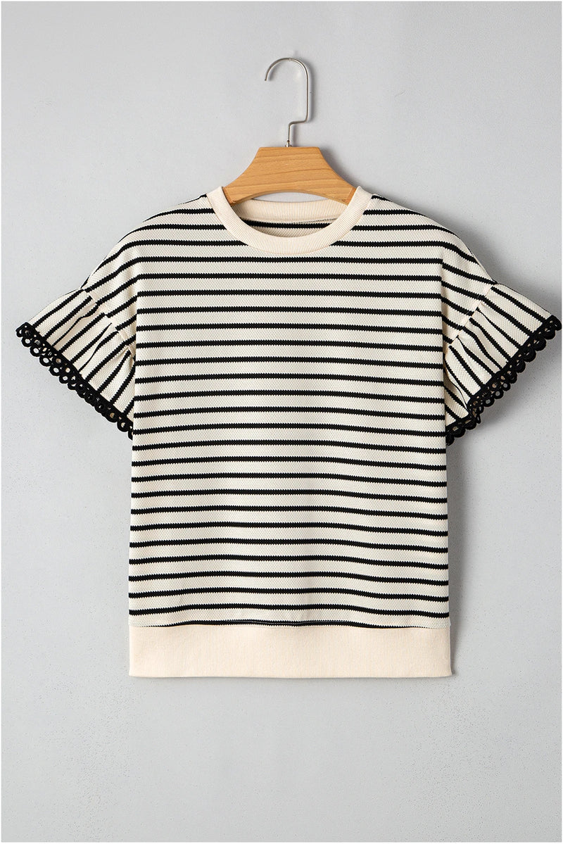 Load image into Gallery viewer, DLLS430 - Ladies Black Stripe Scallop Lace Trim Ruffle Short Sleeves Crewneck Top
