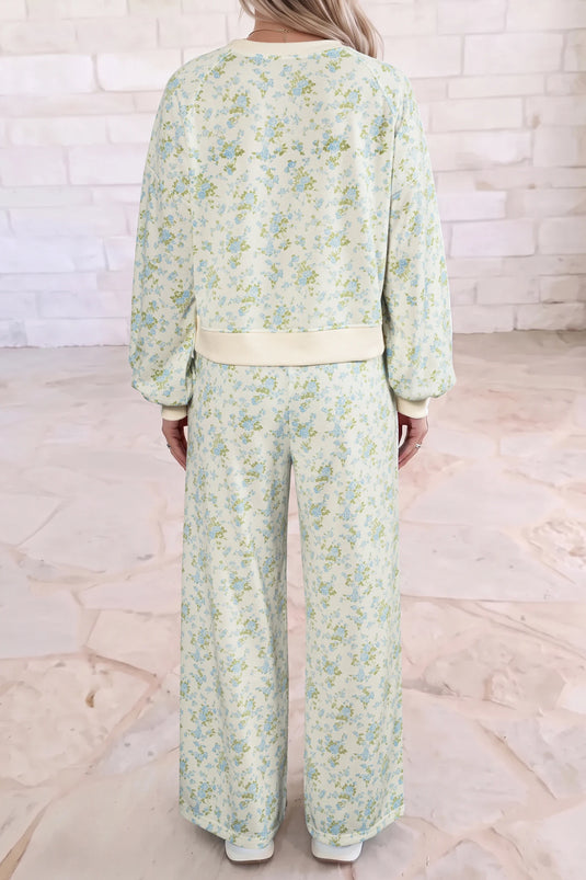 DLLS1027 - Ladies Sky Blue Floral Print Long Sleeve Top Drawstring Wide Leg Pants Set