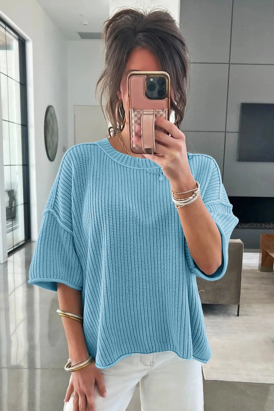 DLLS610 - Ladies Mist Blue Exposed Seam Detail Half Sleeve Loose Sweater